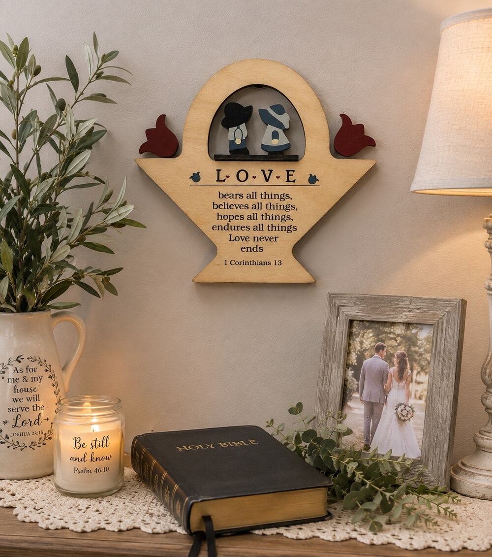 Christian Wood Wall Decor 1 Corinthians 13 Love Couple Basket Faith Hanging